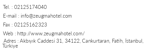 Zeugma Hotel telefon numaralar, faks, e-mail, posta adresi ve iletiim bilgileri